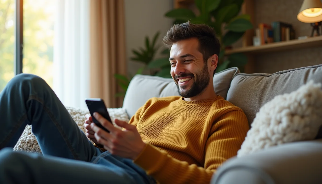 Dueño relajado en su sofá viendo desde el celular cómo le entran ventas, citas y leads solos